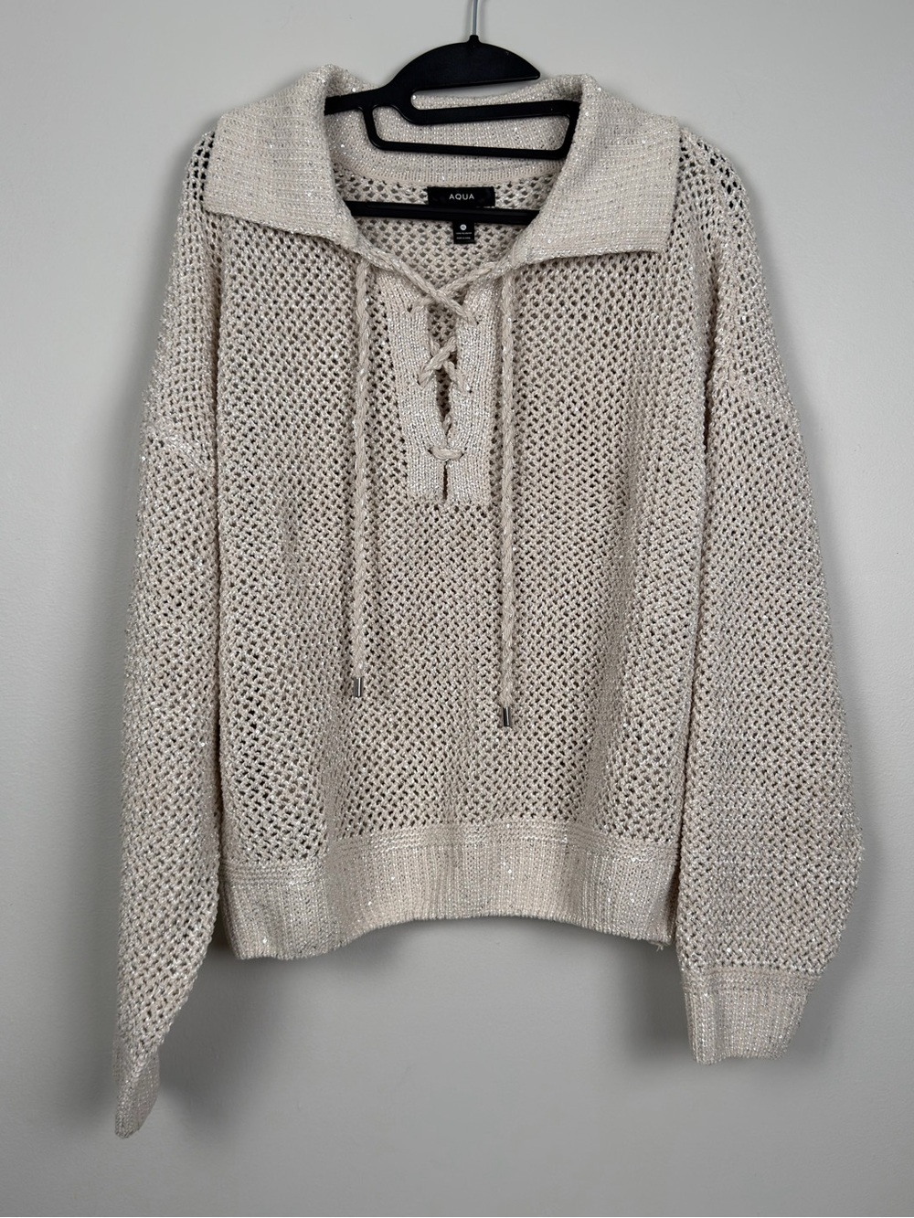 AQUA Sequin Open Knit Lace Up Sweater XL